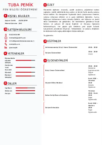 Fen Bilgisi Öğretmeni CV Örnekleri cv indir